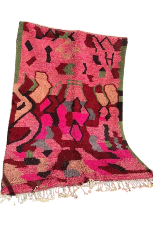Marokkaans Boucherouite Tapijt – Handgemaakt Roze Abstract Vloerkleed (2,9M x 2M)