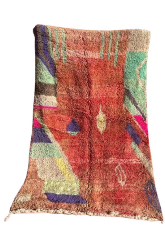 Marokkaans Boucherouite Tapijt – Handgemaakt Rood Vloerkleed met Kleurrijke Accenten (2,3M x 1,4M)