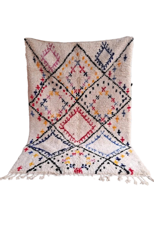Marokkaans Berber Tapijt – Handgemaakt Wit Vloerkleed met Kleurrijke Diamanten (2,7M x 1,9M)
