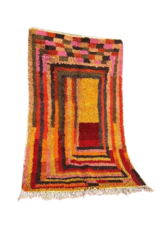 Marokkaans Boucherouite Tapijt – Handgemaakt Geometrisch Vloerkleed in Warme Kleuren (2,4M x 1,5M)