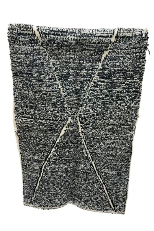 Marokkaans Beni Ourain Tapijt – Handgemaakt Zwart-Wit Wol Vloerkleed met X-Patroon (1,5M x 1M)