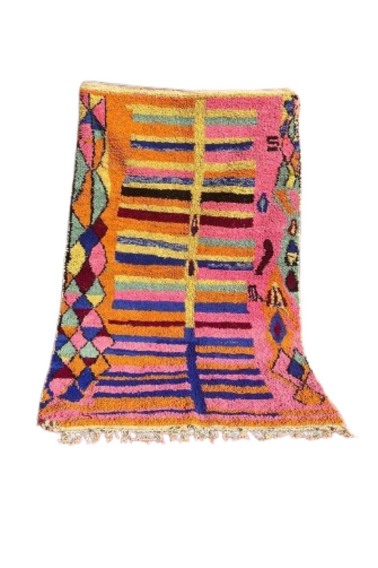 Marokkaans Boucherouite Tapijt – Handgemaakt Kleurrijk Ruiten & Strepen Vloerkleed (2,5M x 1,6M)